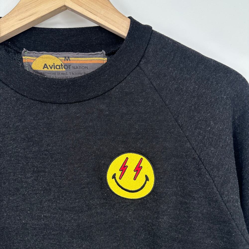 Aviator Nation Smiley Face Patch Cropped Sweatshirt Lightning Bolt Logo Pullover - Picture 6 of 11